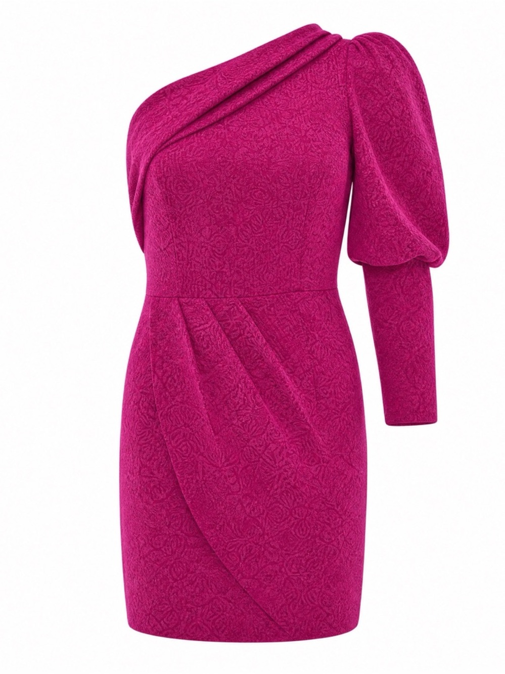 One-Shoulder Magenta Mini Dress with Puff Sleeve